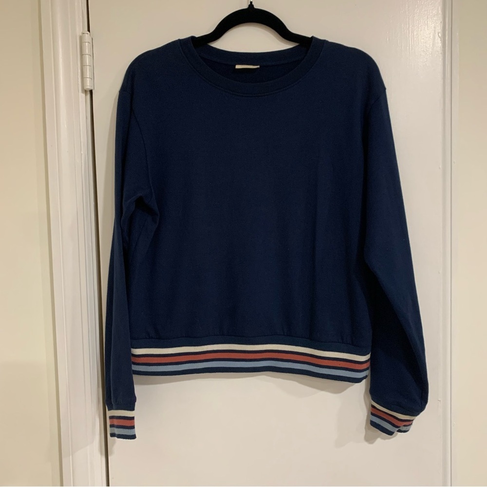 LAKE Pajamas Soft Cotton Stripe Hem Navy Sweatshirt Casual Lounge Size Small